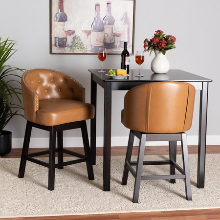 BAXTON STUDIO Theron MidCentury Tan Faux Leather and Espresso Brown Finished Wood Swivel Counter Stool Set 2PC 225-2PC-12974-ZORO